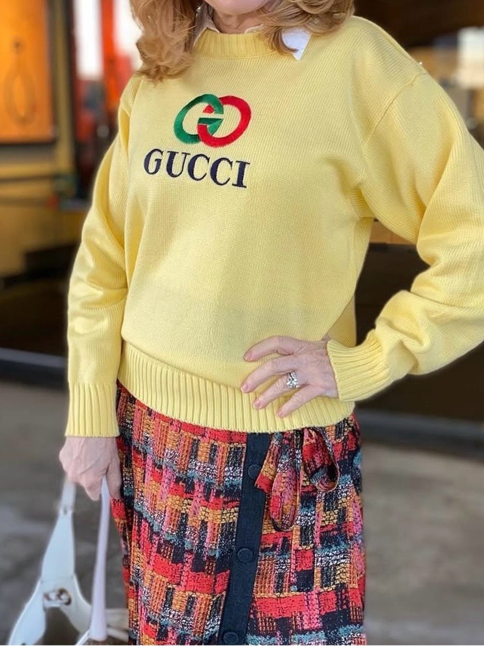 Authentic GUCCI Yellow Sweater with Red & Green Logo-LIKE NEW! DESIGNER DEAL! 🌟